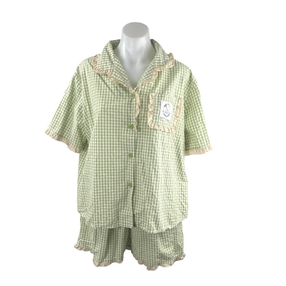 Fiarady Green Gingham Check Ruffle Button Up Shirt Short Sleepwear Pajama Set XL